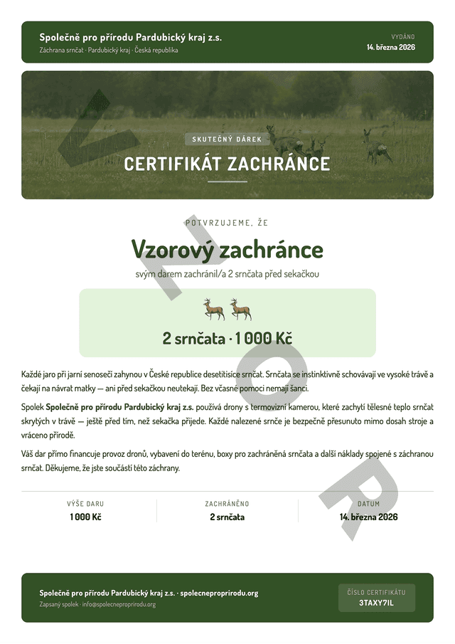 Vzor certifikátu zachránce srnčete – PDF dárek s jménem obdarovaného